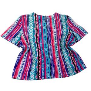 Vintage Katie Brooke Womens XL Blouse Multi Color Geometric Stripe SS 1017C5
